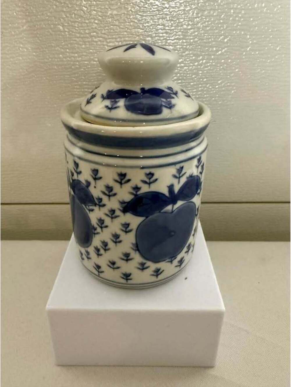 Blue and White Ceramic Apple Pattern Jar with Lid